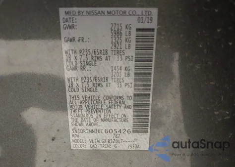 2019 Nissan Pathfinder Sl z USA, uszkodzony, nr VIN 5N1DR2MN3KC605426